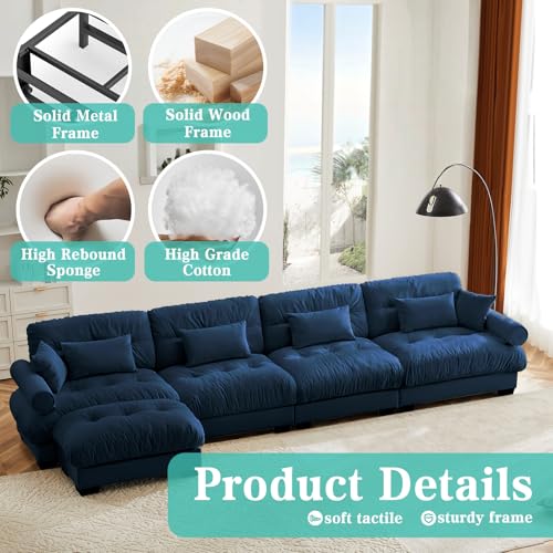 Image of SoarFlash Sectional Couches for Living Room, L Shaped Sofa Couch with Velvet Fabric, 4 Seat Modern Sofa with Ottoman, Removable Pillows for Apartment, Blue