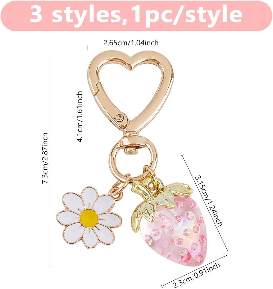 DICOSMETIC 3Pcs 3 Colors Cute Strawberry Keychains Enamel Alloy Keychains Flower Fruit Key Chain Heart Swivel Clasps with Acrylic Charm Handbag Keychain Car Key Ring Pendant for Backpack Purse - Image 2