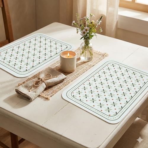 Image of YELONA Moss Green Faux Leather Dining Table Placemats - Set of 2 | Heat & Stain Resistant PU Table Mats | Easy to Clean & Durable | Perfect for Office, Conference Tables & Home Decor
