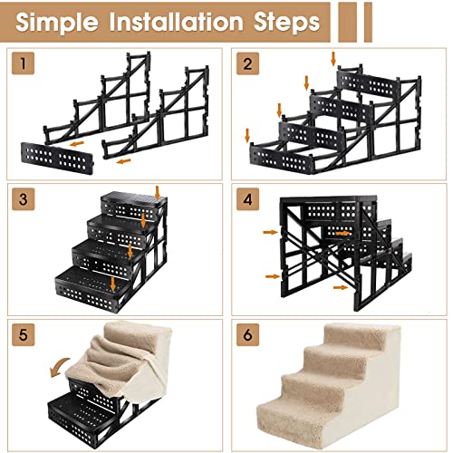MASTERTOP Dog Stair, 4-Tier Pet Steps with Non-slip Plush Cover, Pet Steps Stairs for Dogs & Cats Climbing to Bed Sofa - Khaki, Send 1 Lint Roller & 6pcs Non-slip Rubber Round Mats - Image 6