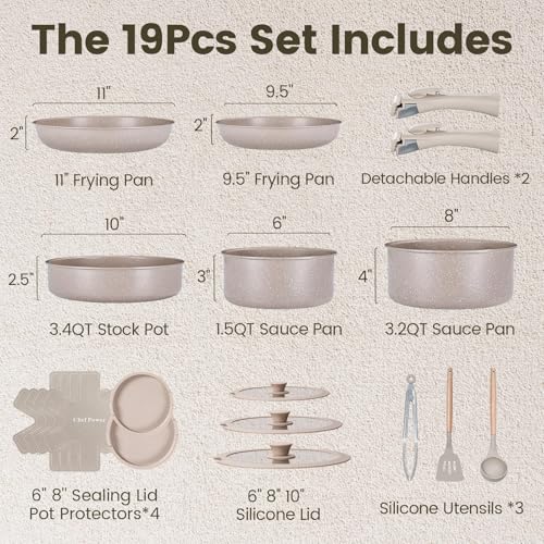 Chef Power Ceramic Nonstick Pots And Pans Set 19 Piece With Detachable Handle, Induction Dishwasher Oven Safe Cookware Set, Rv Kitchen Set Removable Handle, Mocca Taupe - 2