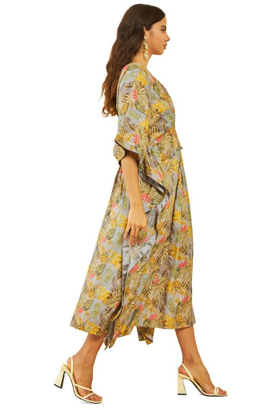 Image of Soch Womens Dark Grey Muslin Floral Foil Print V-Neck Kaftan