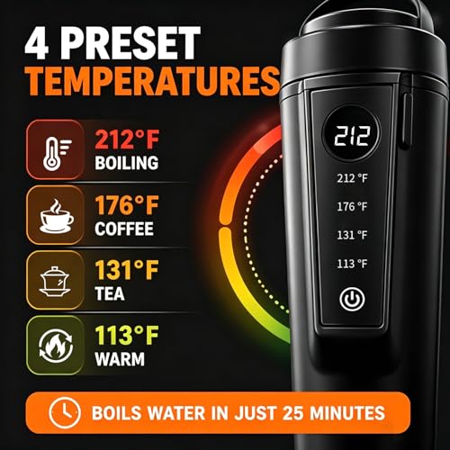 Image of 12V /24V Car Kettle, Portable Kettle for Hot Water, 316 Stainless Steel Premium Liner,Smart Multi-speed Temperature Control for Truck Driver OTR, Road Trips, RV(BLACK)