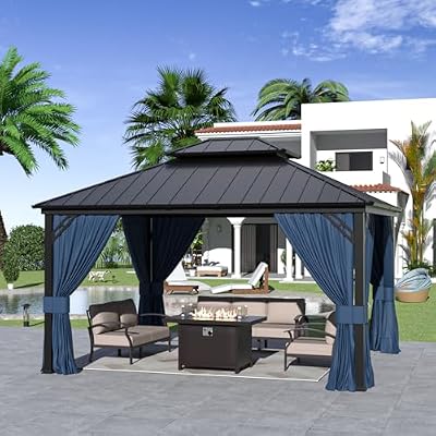 Kurapika 12' x 14' Hardtop Gazebo, Outdoor Metal Gazebo with Galvanized Steel Double Roof Canopy, Curtain and Netting, Aluminum Permanent Pavilion Gazebo for Patio, Backyard, Lawn, Navy Blue