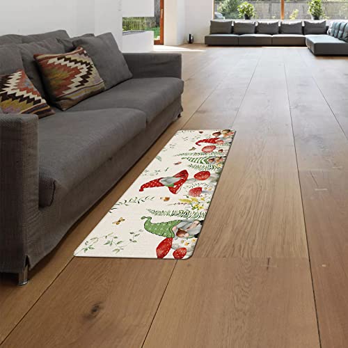 Possta Decor 2 Pieces Kitchen Rugs Set Spring Gnome Red Mushroom Vintage Linen,Water Absorbent Soft Doormat Area Runners Garden Vegetable,Non-Slip Bath Mat For Entryway Bathroom Laundry #TOP2