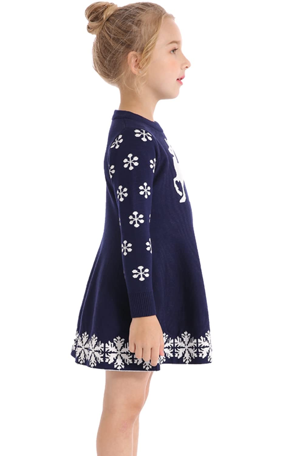 Smiling Pinker Girls Warm Ribbed Knit Dresses Xmas Reindeer Snowflake Jumper Swing Dress Santa Present