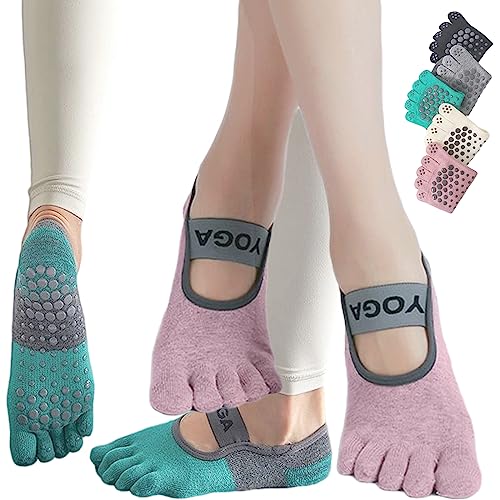 CHUNFO Grip Socks Women Pilates Yoga Sock Non Slip Barre Stripe Colorful Dance Cotton Ankle Toeless Sock 1/2/4 Pairs (2 Pack-Crew-Light Pink Green with Silicone)