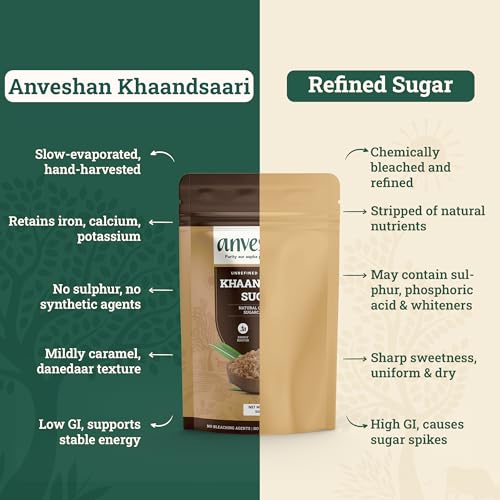 Image of Anveshan Artisanal Khaandsaari Sugar- 500g | 100% Natural, Sulphur-Free & Handcrafted from Sun-Dried Sugarcane | Low GI, Mineral-Rich, Gut-Friendly Sweetener for Tea, Desserts, Baking & Daily Use