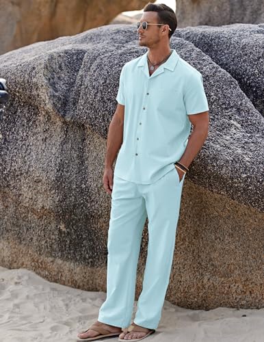 Image of COOFANDY Men 2 Piece Linen Outfit Beach Button Down Shirt Casual Loose Pant Sets
