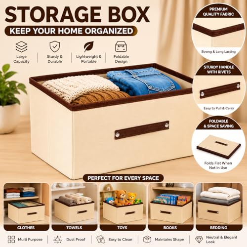 Image of Foldable Clothes Storage Box - Large Capacity Fabric Organizer for Wardrobe, Closet Under Bed | Non Woven Storage Bins Basket with Handles for Clothes, Toys (Ivory, Pack Of 1)