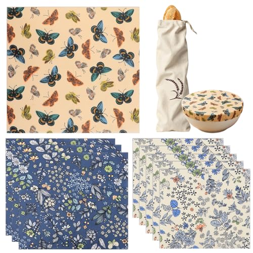 Scettar Bienenwachstücher Wiederverwendbar 9er Set mit Leinenbeutel Nachhaltige Frischhaltefolie für Brot Käse Obst und Sandwiches Beeswax Wraps in Klein Mittel & Groß mit Schmetterlingsdesign