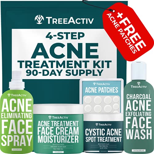 TreeActiv 4-Step Acne Treatment Kit | Sulfur Face Wash Exfoliant, Salicylic Acid Toner Spray, Tea Tree Zit Cream Facial Moisturizer, Bentonite Pimple Spot Clay + Bonus Blemish Patches | 90-Day Supply