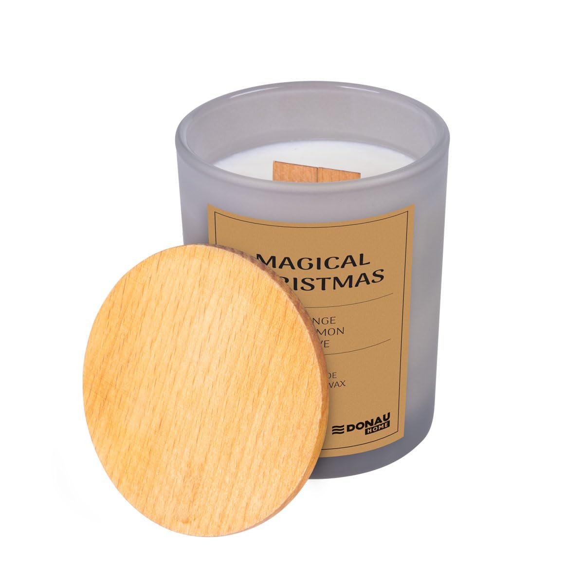 DONAU HOME Vela aromática de lujo 100% de soja, 200 g, cristal gris, con tapa de madera, mecha de madera, naranja, manzana, canela, clavel, vainilla, tonka, hecha a mano en la UE