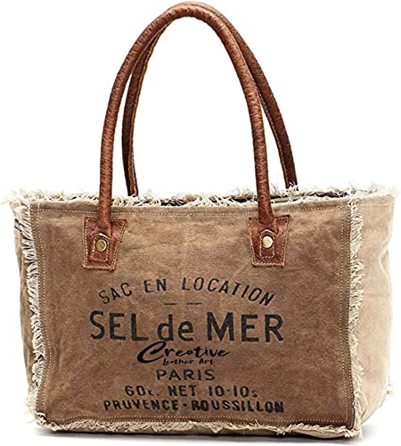 Sel de Mer Canvas Tote Bag for Women with Leather Handles, Shoulder Bag, Casual Everyday Purse,...
