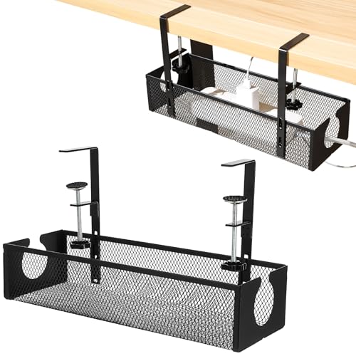 Bandeja ajustable para gestión de cables bajo escritorio, organizador de cables sin perforación, cesta resistente y de gran capacidad, soporte oculto para regleta para escritorios de oficina y hogar (Negro) miniatura 1