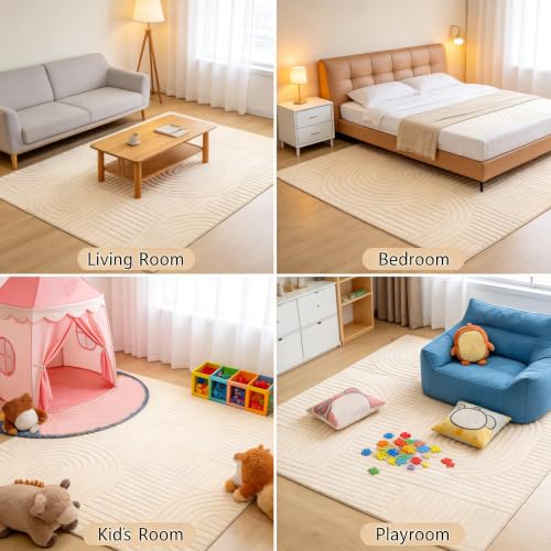 Image of 5x7 Solid Beige Area Rugs for Living Room, Geometric Washable Rug