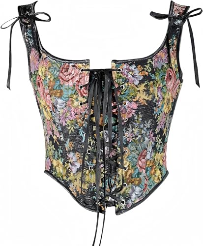 Image of CONCINEROS Women's Summer Vintage Floral Renaissance Corset Top for Women Y2k Tops Sleeveless Drawstring Crop Top