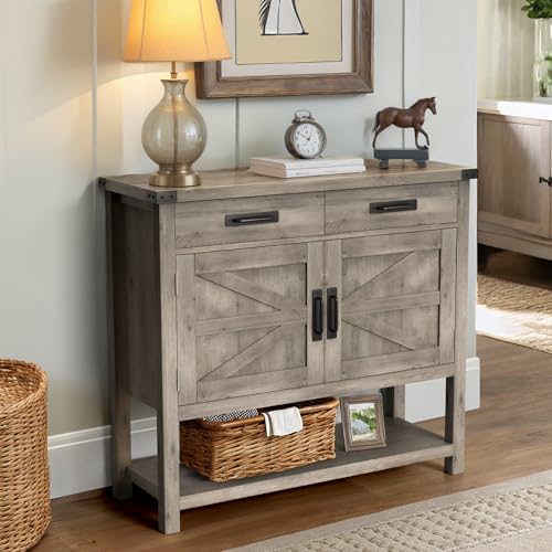 Farmhouse Console Table with 2-Door Cabinet & 2 Drawers, Coffee Bar, Entryway Table with Storage Shelf, Sofa Tables Buffet Sideboard for Kitchen, Hallway, Dining, Living Room, Grey