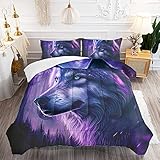 NMPICO 3D Wolf Bedding Set Queen Size for Boys Girls Kids Purple Blue Galaxy Comforter Wild Wolf Starry Night Quilt (1 Comforter + 2Pillowcases)