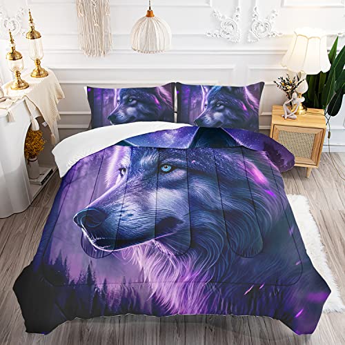 NMPICO 3D Wolf Bedding Set Queen Size for Boys Girls Kids Purple Blue Galaxy Comforter Wild Wolf Starry Night Quilt (1 Comforter + 2Pillowcases)