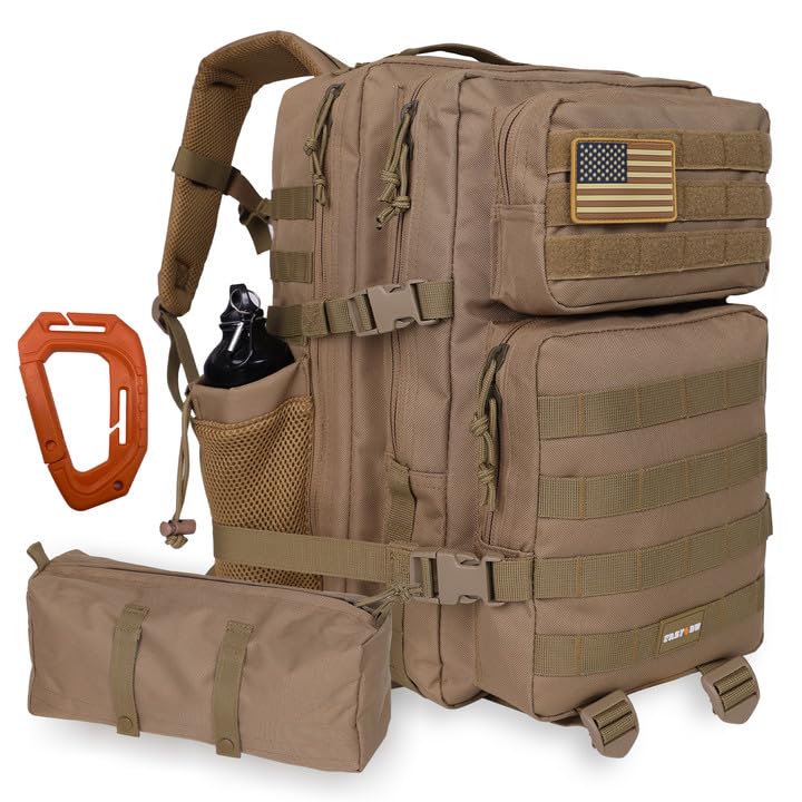 Military Tactical Backpack, 45L Water-resistant Army Pack Multi-pocket Laptop Backpack for Men and Women 3 Day Bug Out Bag, Includes 1 Tool Bag, 1 Carabiner and 2 Side Pockets