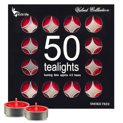 Image of Kriti Life Rose Scented Tealight Candles - 100% Paraffin Wax, Smokeless, Long Burn Time (4.5 Hours), Dripless Red Candles for Home Decor, Diwali, Weddings & Meditation - Set of 50