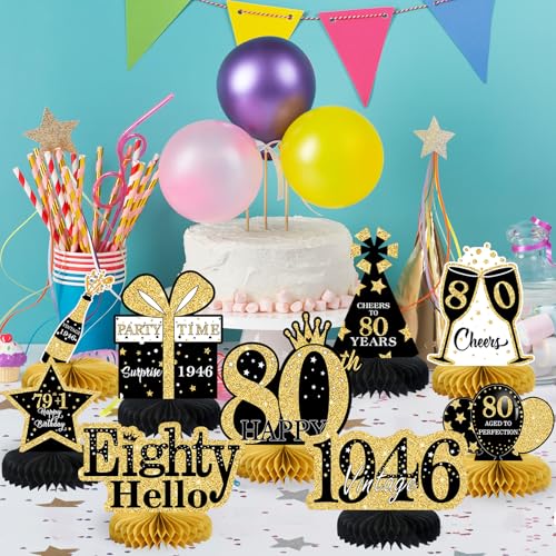 Image of 9Pcs 80th Birthday Decorations Honeycomb Centerpieces for Men Women, Black Gold Happy 80th Birthday Centerpieces Tables Toppers Party Decorations Supplies,Vintage 1946 Aged Table Sign Decor