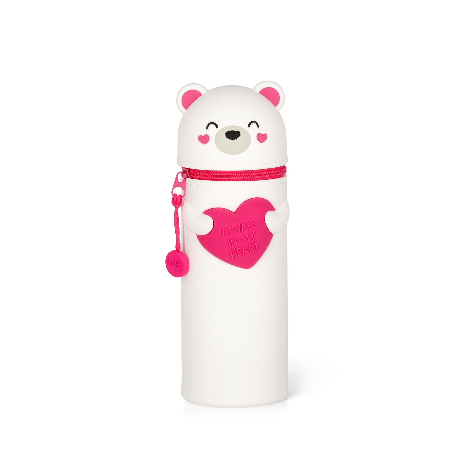 Legami - Kawaii 2 in 1 Soft Silicone School Pencil Case Teddy Bear Theme Pen Holder Zipper Colored Pencils Marker H 18.5cm White