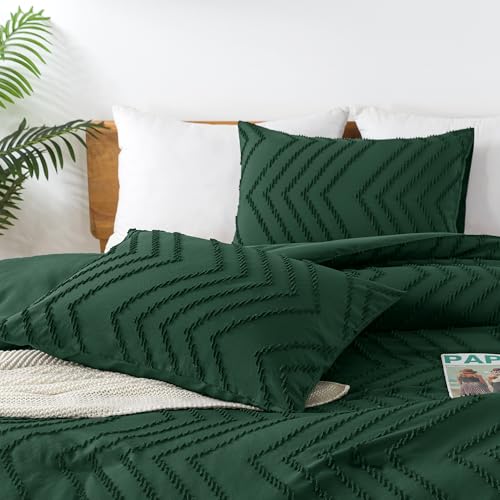 Image of Andency Emerald Green Comforter Set Full Size, Boho Dark Green Soft Warm Bedding Comforter Sets for Full Bed, 3 Pieces Forest Green Vintage Chevron Tufted Aesthetic Comforter Set