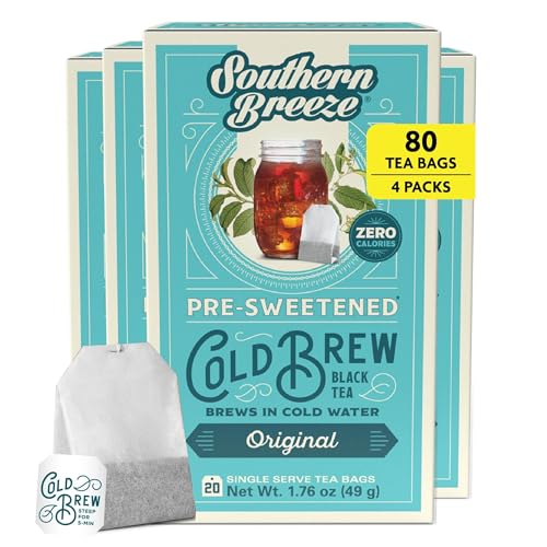 Southern Breeze Cold Brew Sweet Tea Original Iced Tea with Black Tea and Zero Carbs Zero Sugar, 20 Individually Wrapped Tea Bags, Pack of 4