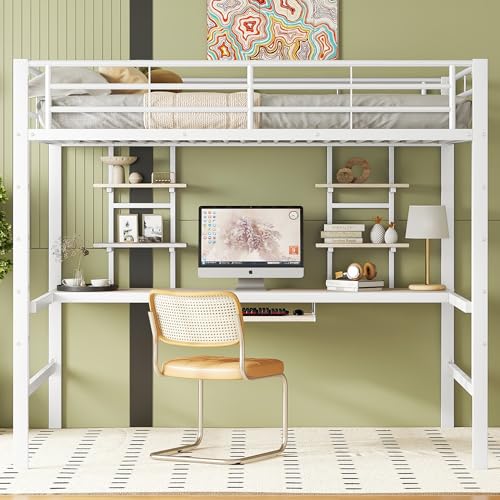 Doyisy Cama alta, 140 x 200 cm, estructura de metal, cama de hierro, cama alta con escritorio y dos estanterías para niños, adolescentes y adultos, color blanco