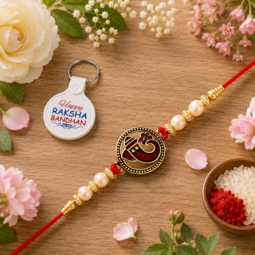 Image of Riddhika Ventures Alluring Gold Plated Floral and Pearl Rakhi (Bracelet) with Roli Chawal, Greeting Card and One Motivational Keychain
