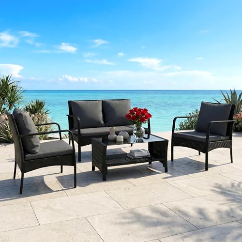 Image of BRISHI Outdoor Sofa Set || Balcony Sofa || Patio Furniture Sets || Indoor Sofa|| Wicker Rattan Garden Sofa Set with Cushion and Center Table, 4 Seater (Black & Grey)
