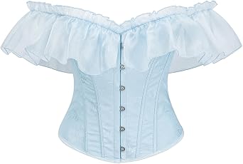 Womens Light Blue Off Shoulder Corset Top - Romantic Ruffle Bustier, Lace Up Waist Trainer Cottage Core, Princess Core, Cosplay Costume L, Light Blue, Large