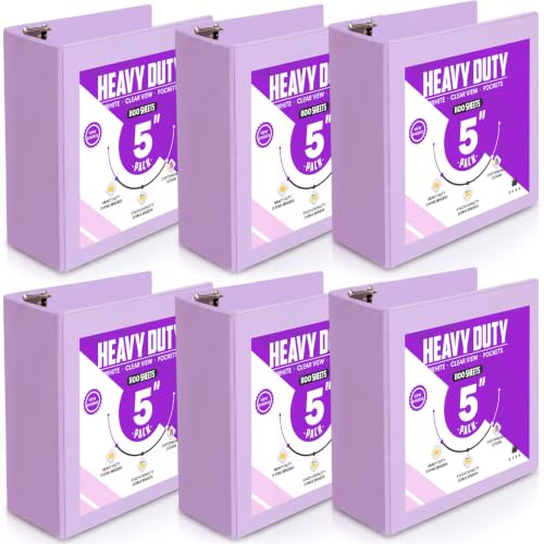 Image of Sinload 6 Pcs 3 Ring Binder, 5 Inch Large Capacity 3 Slant D Ring Binders with Pockets, 8.5 inch x 11 inch Presentation Folder View Binder with Customizable Clear Cover for Documents Files Projects (Purple)