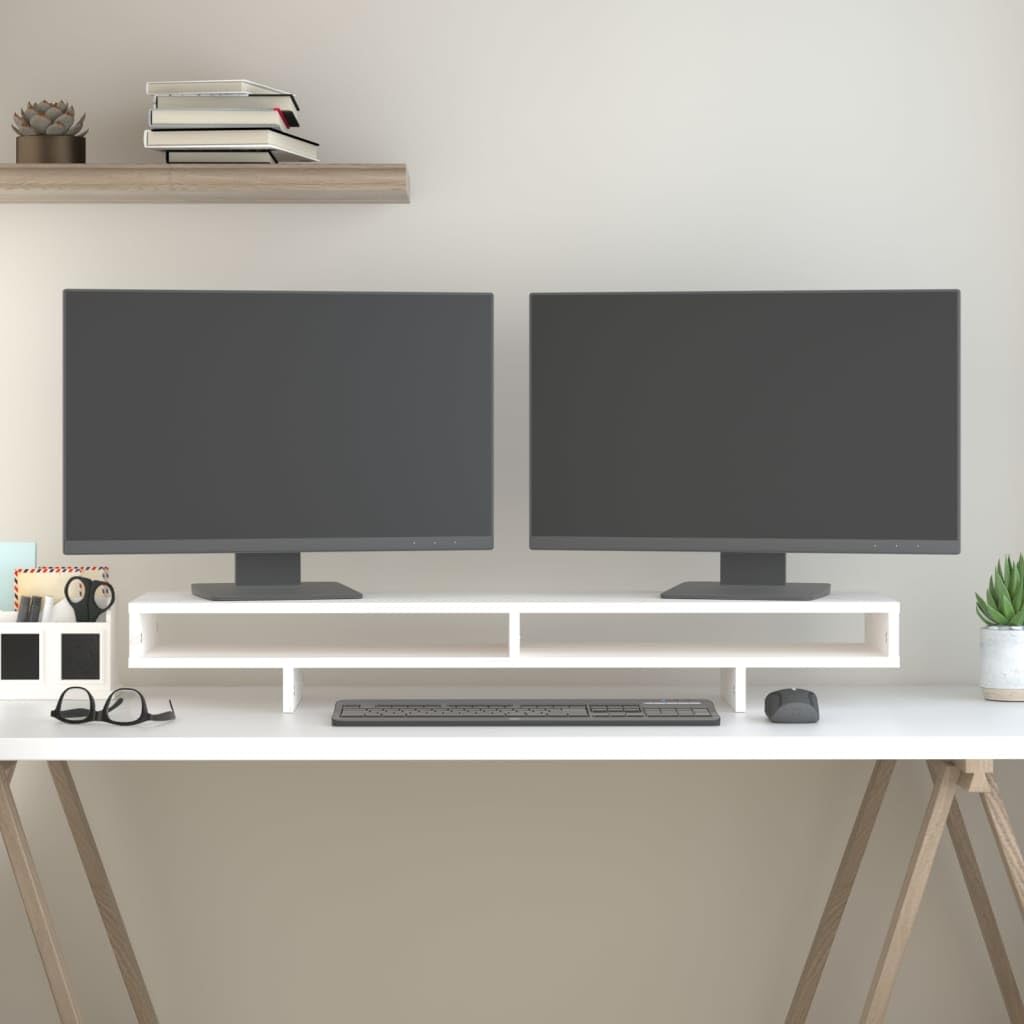 Supporto per monitor bianco in legno di pino massiccio, 100 x 27 x 14 cm, supporto da scrivania per computer, laptop, schermo e notebook, organizer con ripiano per ufficio, home office e
