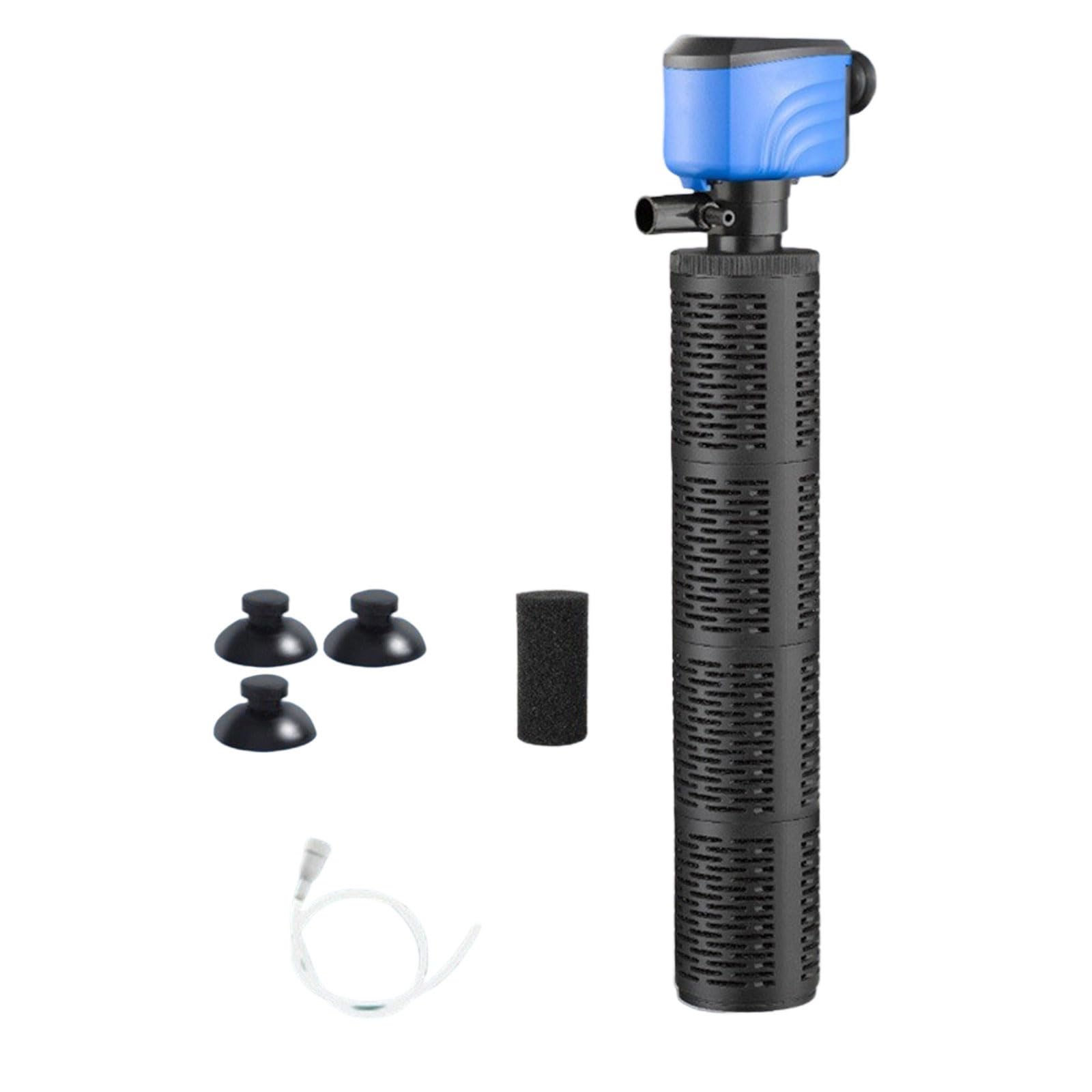 Submersible aquarium filter with triple action filtration for low energy consumption and low power consumption aquarium pump
