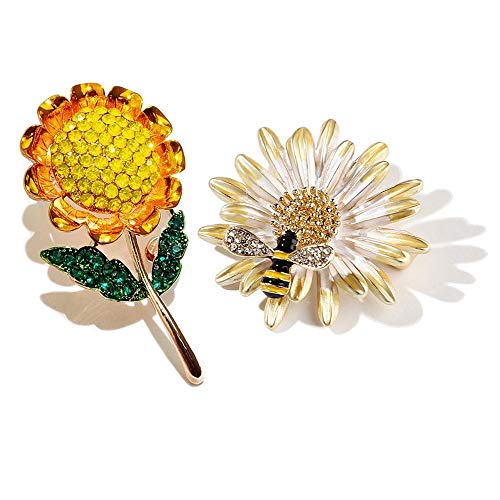 2pcs Bee Daisy Sunflower Brooches Enamel Crystal Flower Delicated Brooch Pin For Women Girls Jewelry