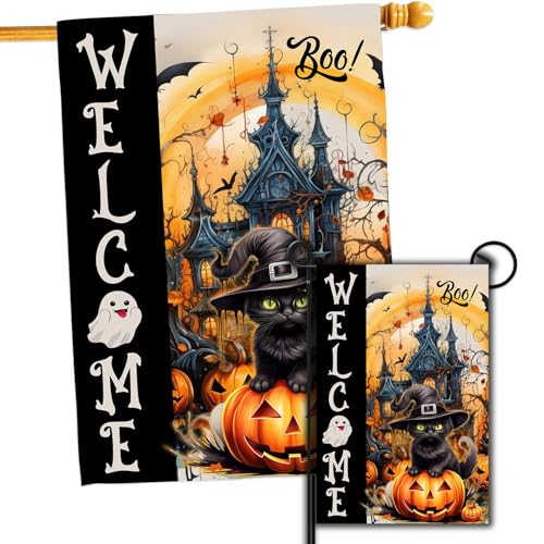 DECORLUXES Halloween House Flag 28x40 Double Sided Welcome Cat Halloween Large Garden Flags Garden Outside Decor Yard Flag Decorations (House + Garden flag)
