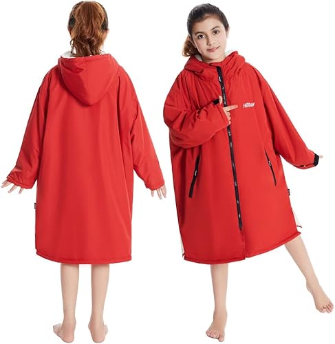 Miniatura 6 de Hiturbo Parka de natación cálida para niños bata impermeable cambiante, abrigo de natación de gran tamaño, poncho de surf con capucha, forro grueso