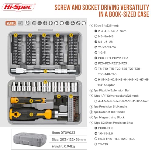 Image of Hi-Spec 79pc Multi Screw Driver Bit Set and 1 /4 inch Socket Set with Handles. Flexible Extension, Precision, Torx and Tamperproof 1 /4 inch Hex Screwdriving Bit Accessories in a Case