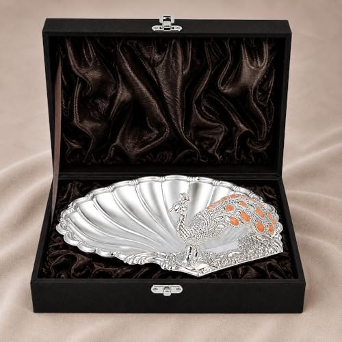 Image of Diviniti German Silver Peacock Decorative Tray for Home Decor | Luxury Dry Fruit & Sweet Serving Platter with Orange Enamel Peacock Design | Premium Decorative Gift Hamper Plate with Elegant Gift Box
