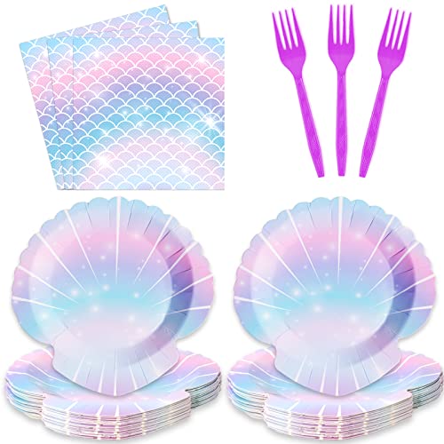 Image of ZOIIWA 96 Pieces Mermaids Themed Party Decorations Mini Under the Sea Tableware for Girls Clam Shell Dessert Plates Napkins Forks for 24 Guests Birthday Party Favors
