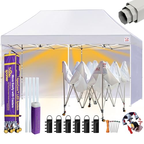 Image of Tradesparker 10x20 Pop Up Tent with Sidewalls,Commercial Movable Canopy ApexCore LED & Rugged Casters-Instant Easy Setup Shelter Canopies,Weight Bags&Stakes for Outdoor Events(White)