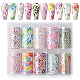 Makartt Nail Art Foil Transfer Stickers Nail Art Supplies Foil Transfers 10 Rolls Flowers Starry Sky Nail Decals Nail Extension Gel Art Decorations for Women Poly Nail Gel DIY Design 4cm 100cm Flowers