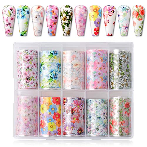Makartt Nail Art Foil Transfer Stickers Nail Art Supplies Foil Transfers 10 Rolls Nail Decals Nail Extension Gel Art Decorations for Women Poly Nail ExtensionGel DIY Design 4cm 100cm Flowers