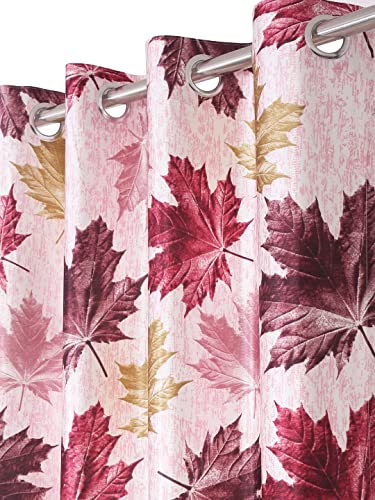 Image of HUTI 5 Feet Maroon Window Curtain Set of 2 | Semi Transparent Leaf Printed Curtain | Light Filtering Polyester | Eyelet Curtains for Living Room & Bedroom 4x5 ft (120 x 150 cm) | Best for Home Decor