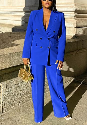 Tcremisa Pants Suits for Women Dressy 2 Piece Business Casual Outfits Double Breasted Blazer Wide Leg Pants Set Office Work4