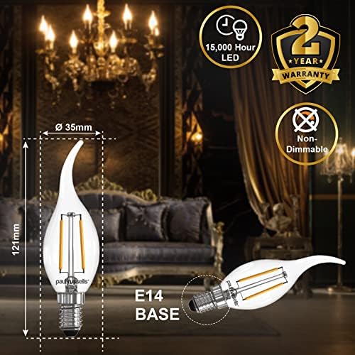 paul russells LED Filament Candle Flame Bulbs SES Small Edison Screw E14, 25w Incandescent Equivalent C35T 2.5W 250LM, 2700K Warm White, Energy Saving Chandelier Ceiling Bent-Tip Lamp Bulbs, Pack of 5