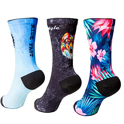 XMTBSTYLE Calcetines Azul Lobo Flores para MTB ciclismo carretera Enduro DH XC Crossfit Transpirables Hombre Deporte Cómodos Divertidos Sujeción (L (42-45), Azul Lobo Flores) Cover